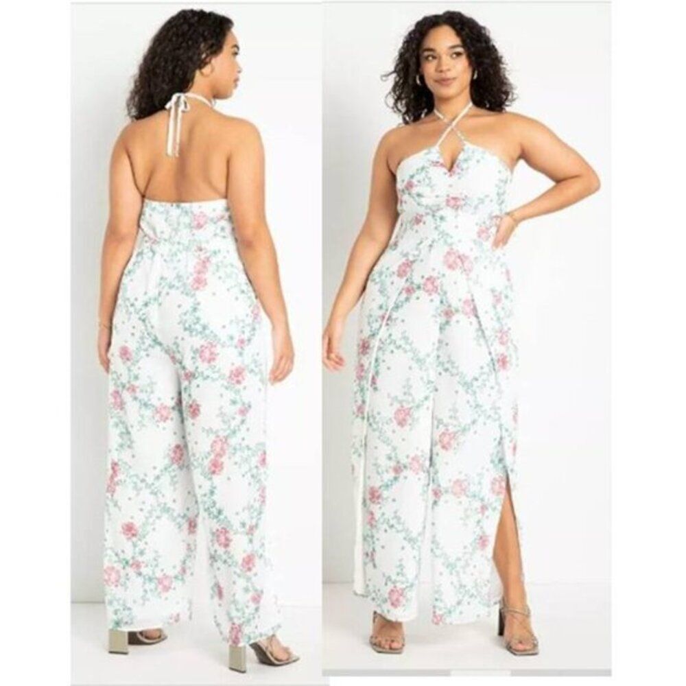 Eloquii Women's Plus‎ Size Slit Leg Halter Wide Leg  Jumpsuit Party White